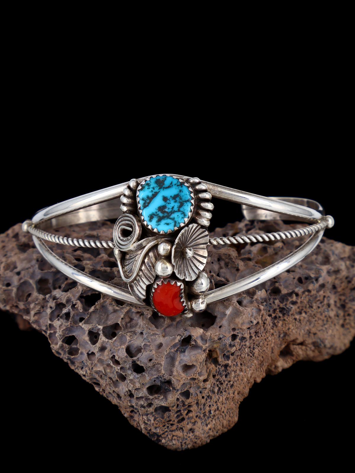 Native American Sterling Silver Turquoise and Coral Cuff Bracelet