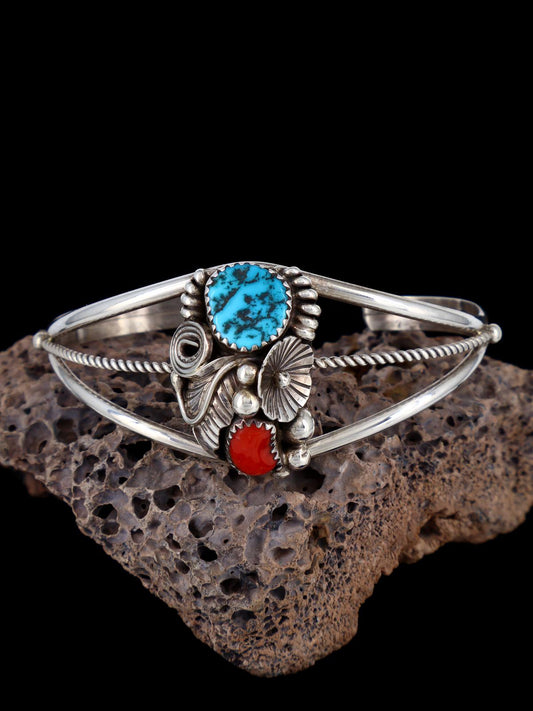 Native American Sterling Silver Turquoise and Coral Cuff Bracelet