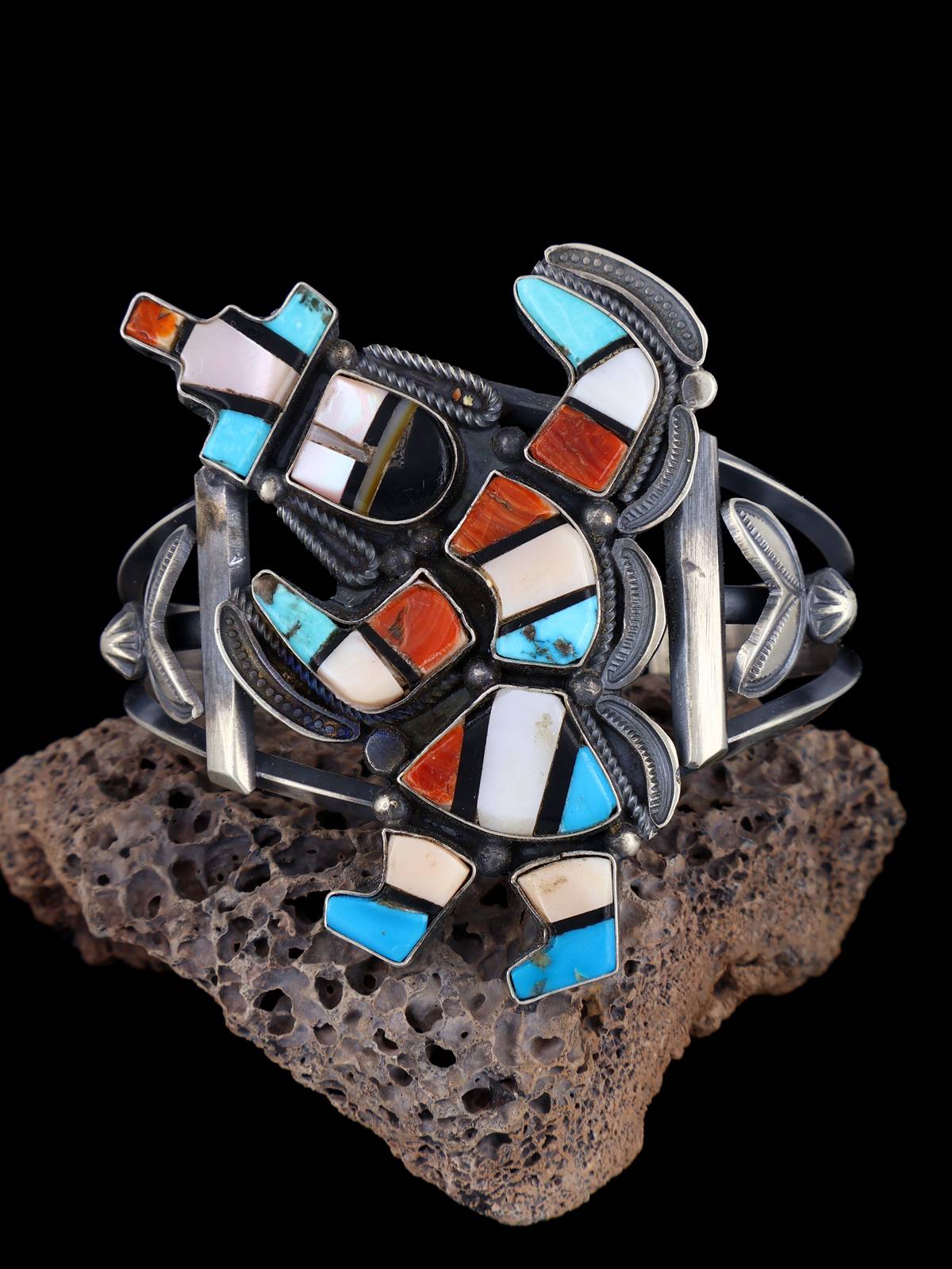 Native American Sterling Silver Vintage Zuni Inlay Turquoise Bracelet - PuebloDirect.com