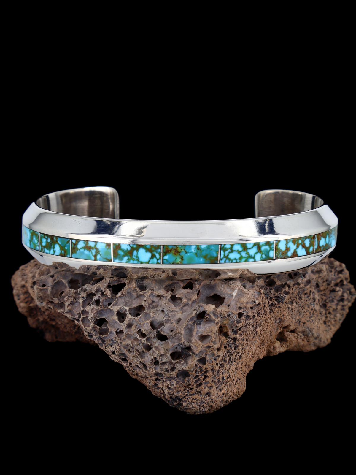 Zuni Inlay Heavy Sterling Silver Kingman Turquoise Cuff Bracelet - PuebloDirect.com