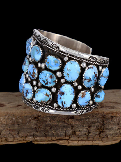Navajo Natural Golden Hill Turquoise Cluster Sterling Silver Cuff Bracelet