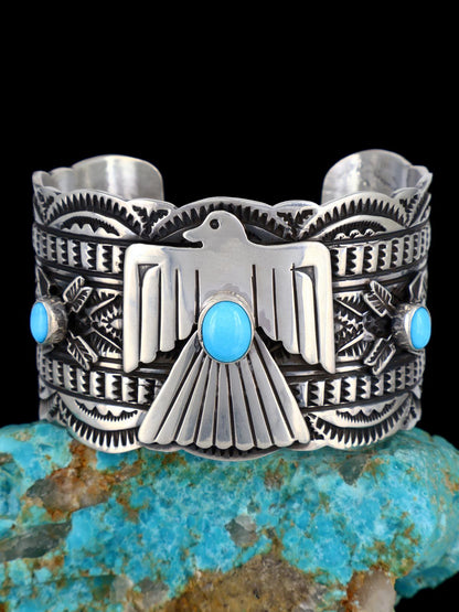 Native American Turquoise Sterling Silver Thunderbird Cuff Bracelet