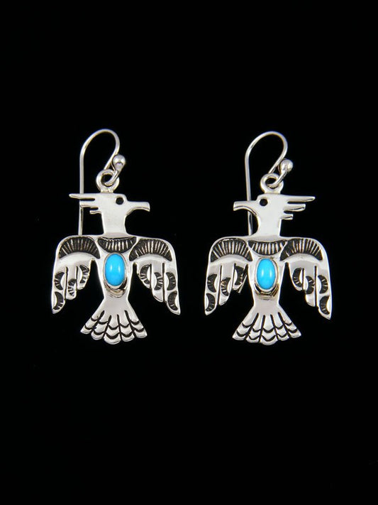 Navajo Sterling Silver Turquoise Thunderbird Dangle Earrings - PuebloDirect.com