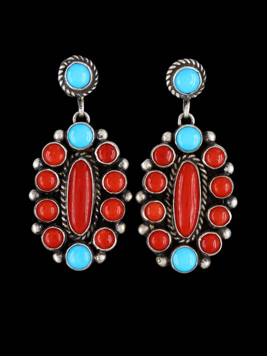 Natural Coral and Turquoise Navajo Sterling Silver Post Earrings - PuebloDirect.com