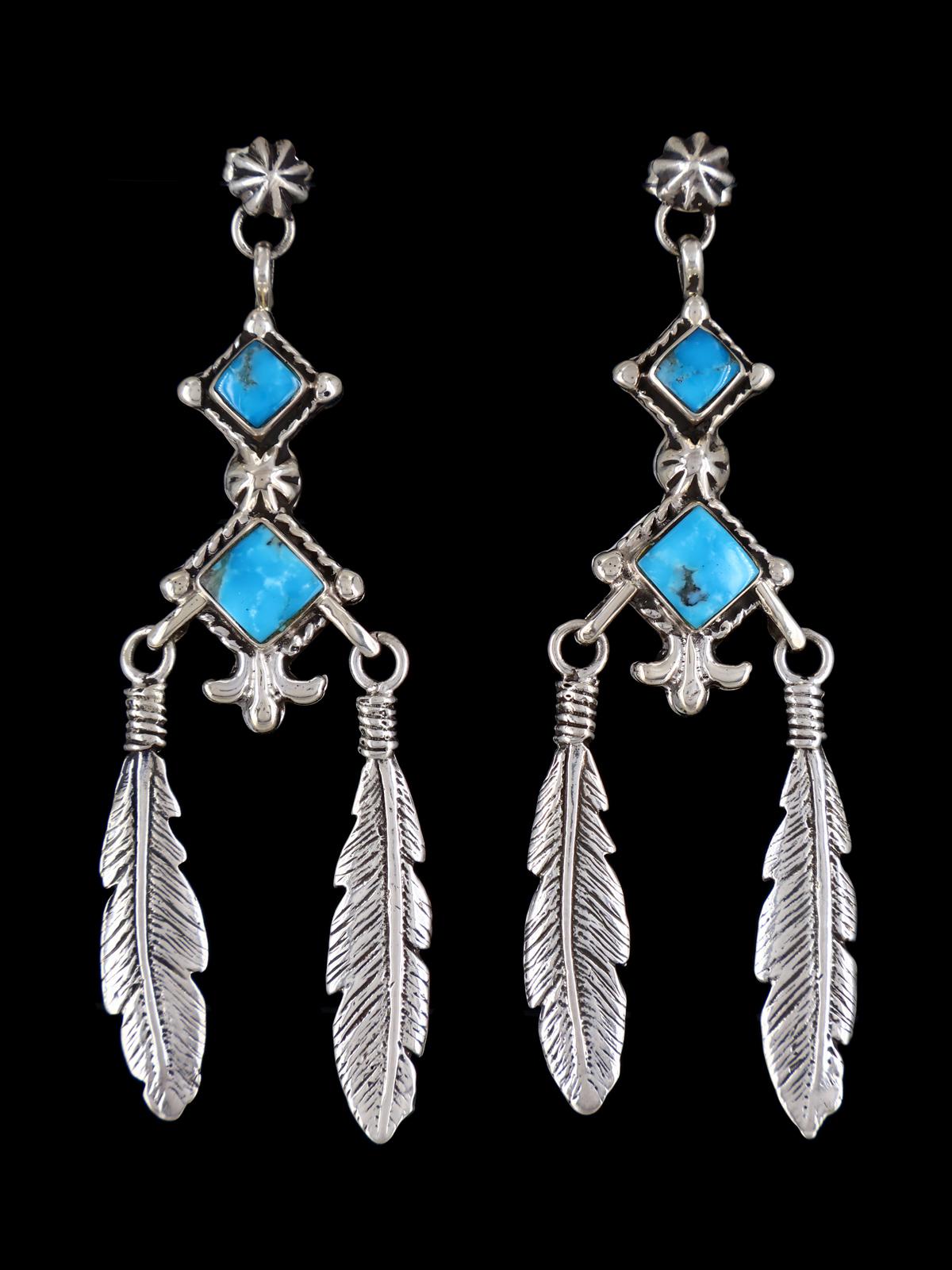 Navajo Turquoise Sterling Silver Feather Post Earrings - PuebloDirect.com