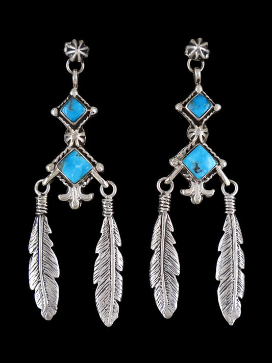 Navajo Turquoise Sterling Silver Feather Post Earrings - PuebloDirect.com