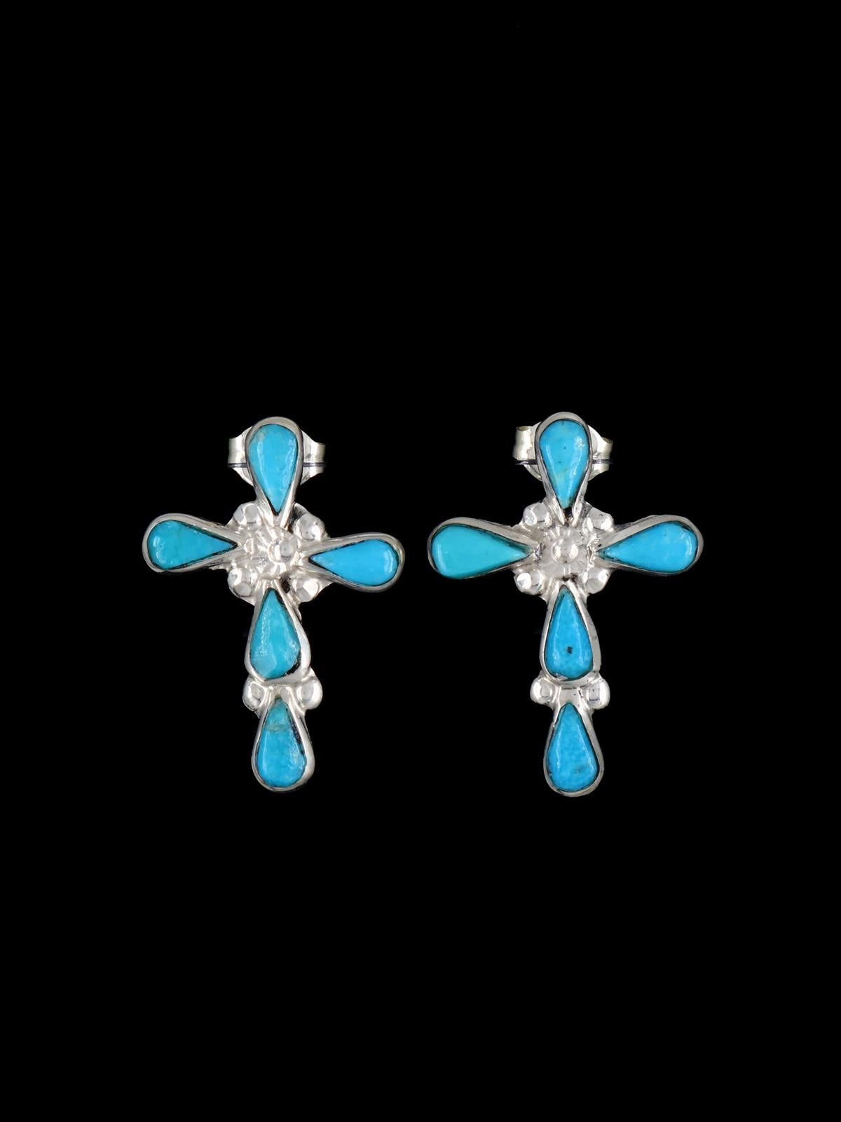 Zuni Sterling Silver Turquoise Cross Post Earrings - PuebloDirect.com
