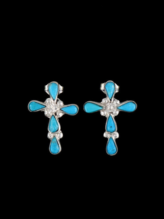 Zuni Sterling Silver Turquoise Cross Post Earrings - PuebloDirect.com