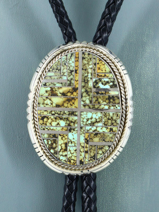 Native American Sterling Silver Blue Moon Turquoise Inlay Bolo Tie