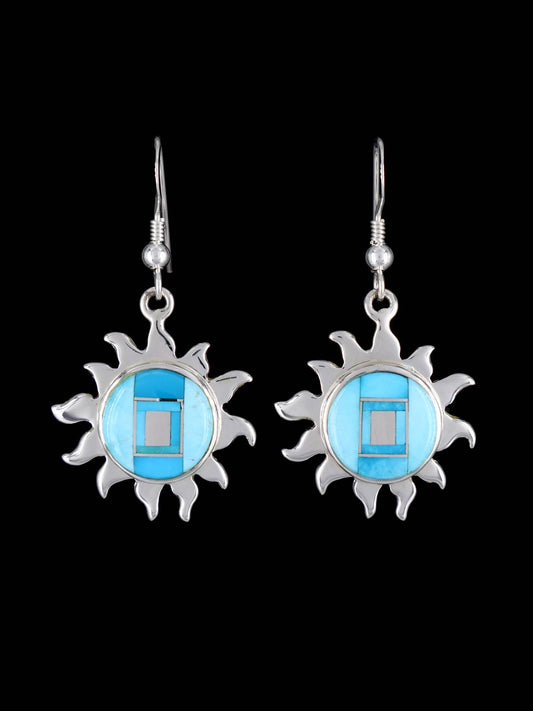 Native American Inlay Sun Turquoise Dangle Earrings - PuebloDirect.com