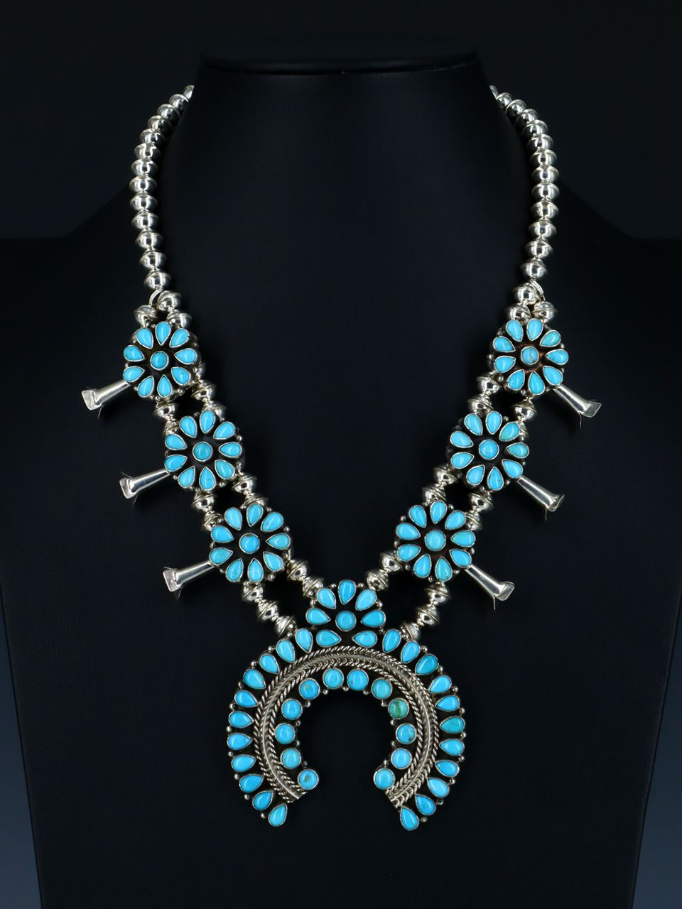 Native American Sleeping Beauty Turquoise Squash Blossom Necklace - PuebloDirect.com