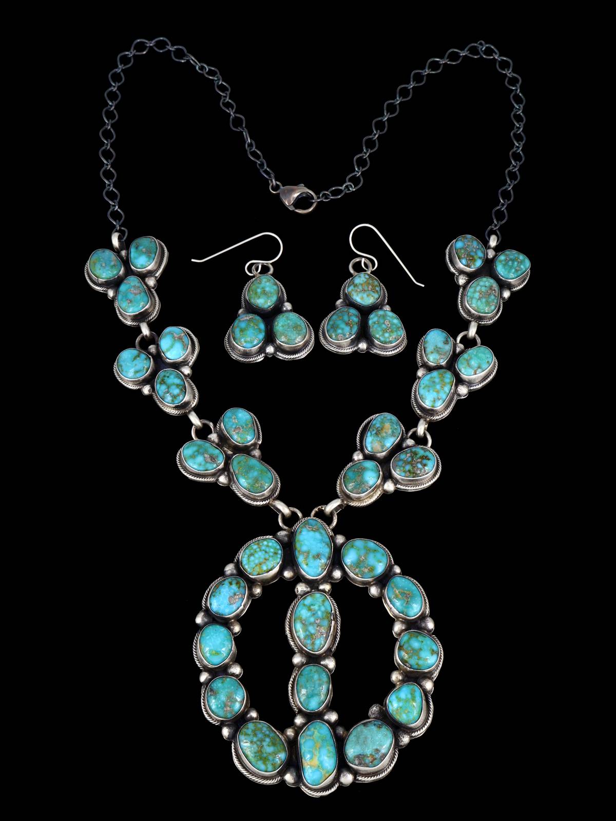 Native American Sonoran Gold Turquoise Squash Blossom Style Necklace Set - PuebloDirect.com