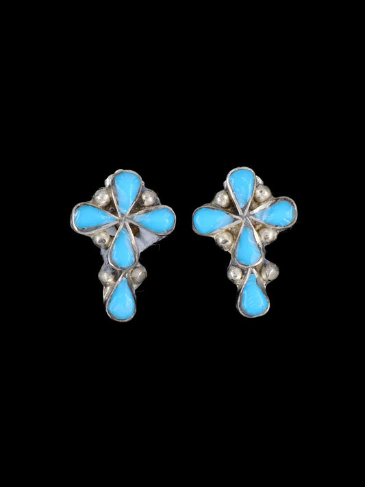 Zuni Sterling Silver Turquoise Cross Post Earrings - PuebloDirect.com