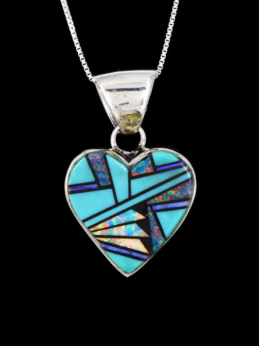 Navajo Turquoise and Opalite Mosaic Inlay Heart Pendant