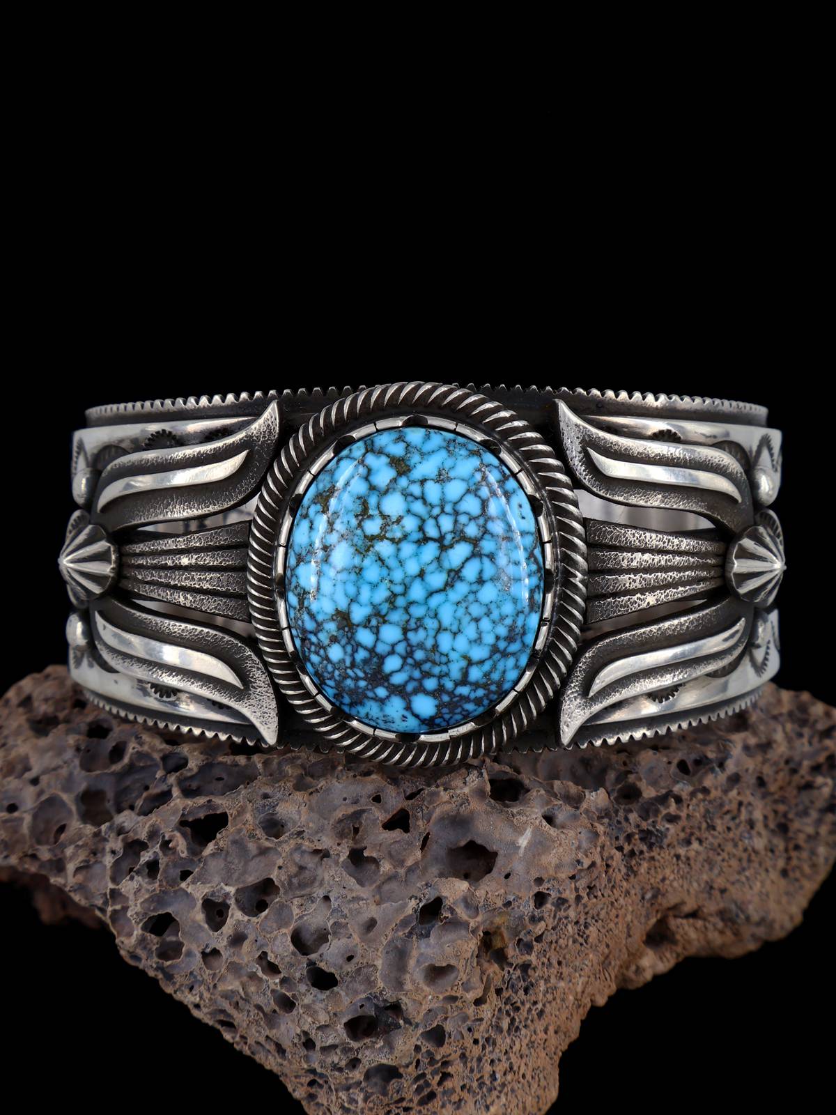 Native American Jewelry Kingman Turquoise Sterling Silver Cuff Bracelet - PuebloDirect.com