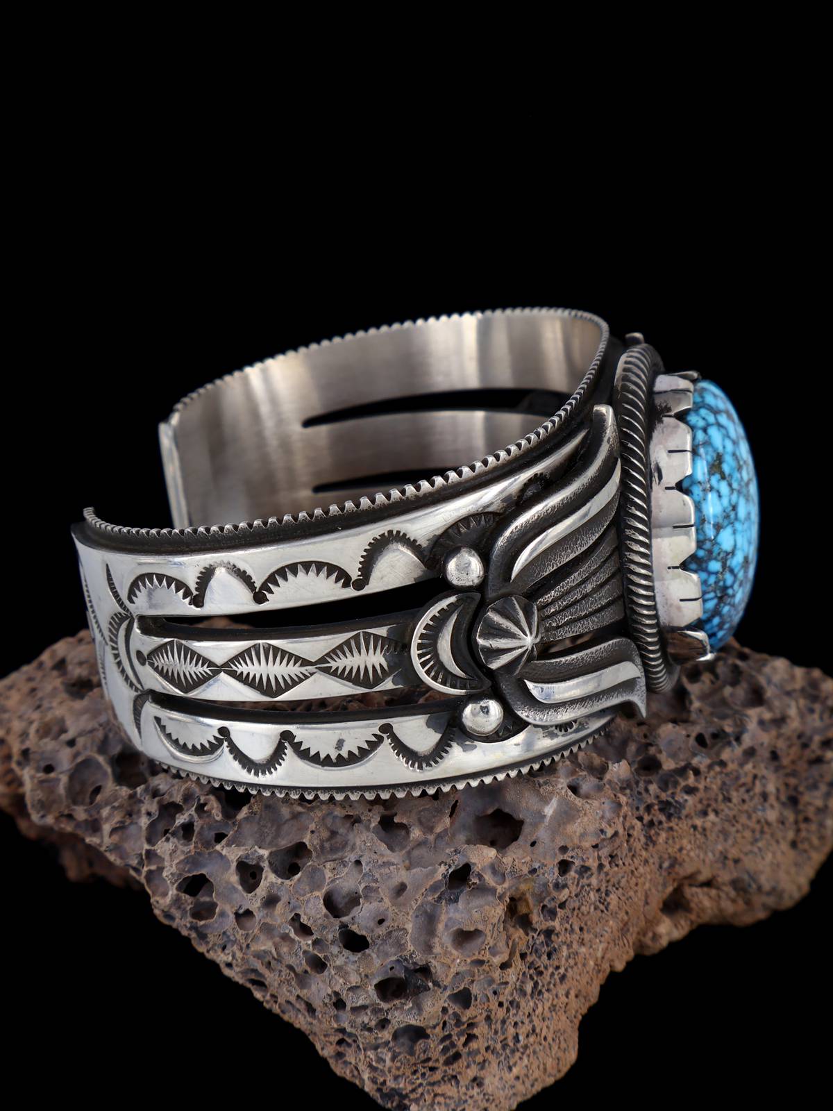 Native American Jewelry Kingman Turquoise Sterling Silver Cuff Bracelet - PuebloDirect.com