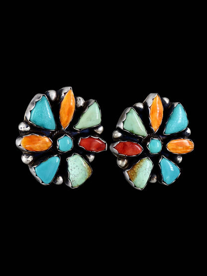 Navajo Spiny Oyster and Turquoise Post Earrings - PuebloDirect.com