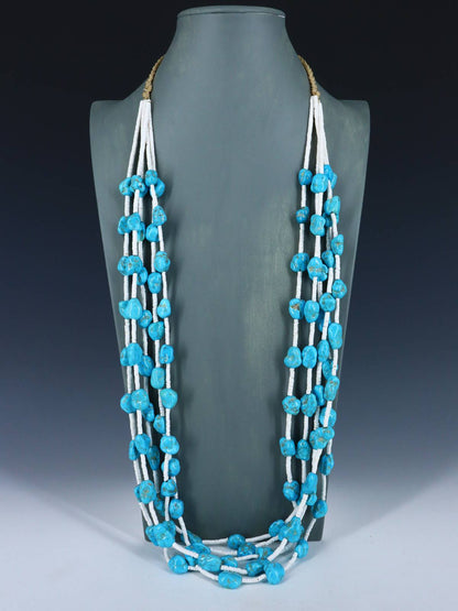 Five Strand Santo Domingo White Shell and Turquoise Necklace - PuebloDirect.com