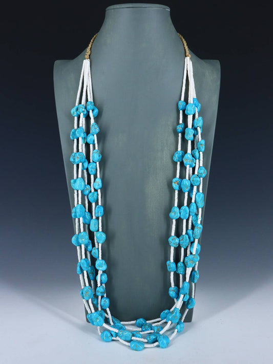 Five Strand Santo Domingo White Shell and Turquoise Necklace - PuebloDirect.com