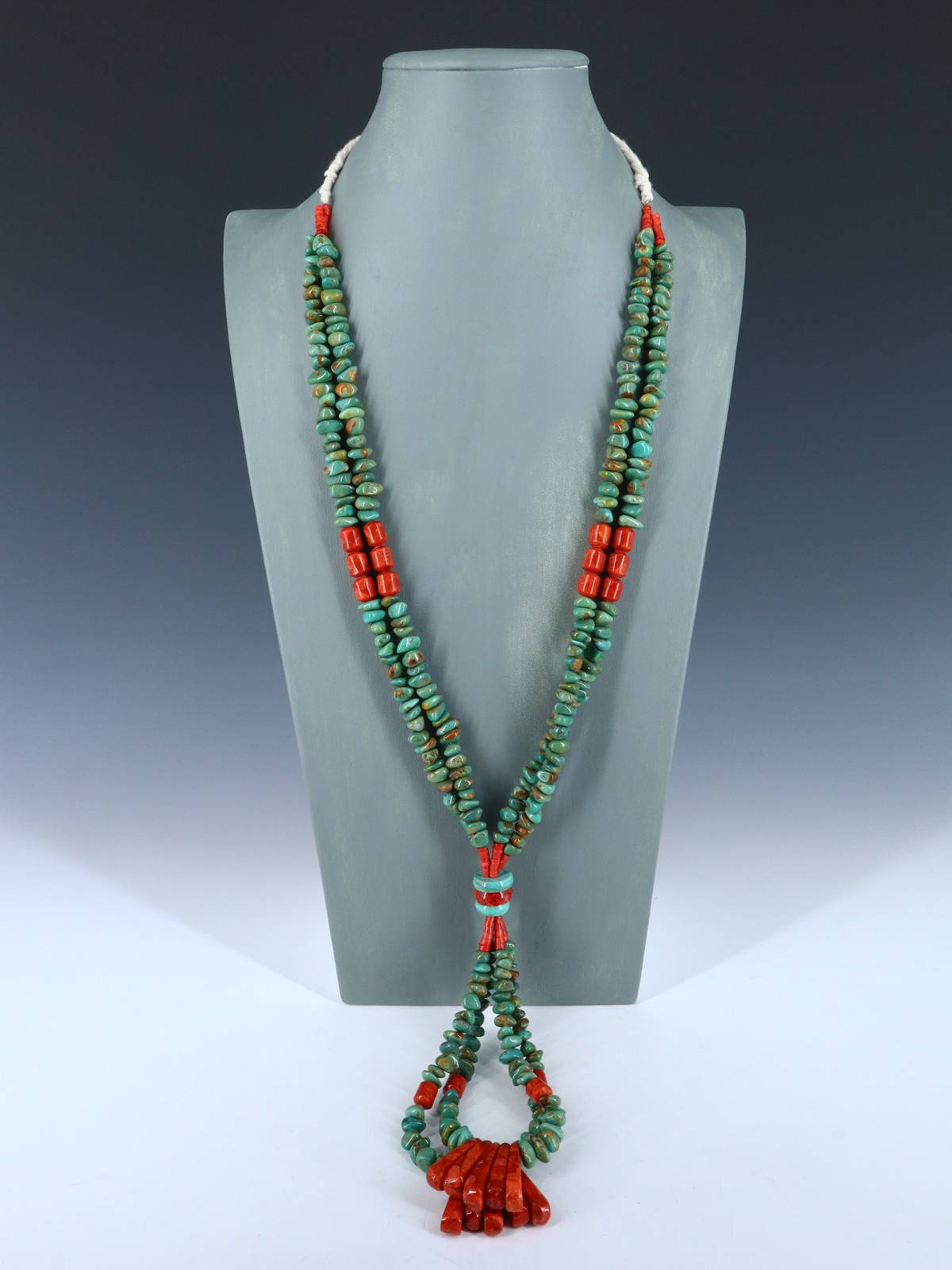 Santo Domingo Turquoise and Apple Coral Jocla Necklace - PuebloDirect.com