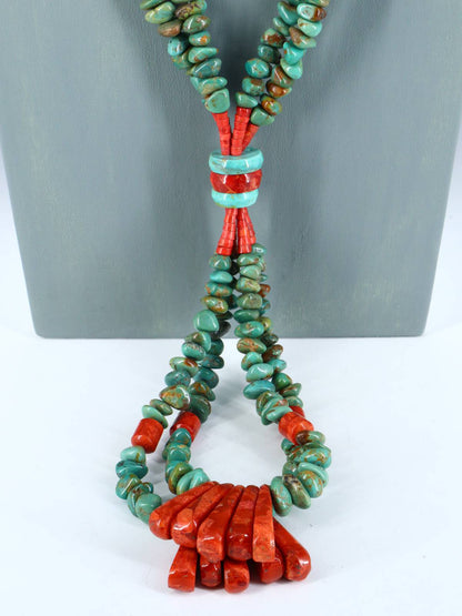 Santo Domingo Turquoise and Apple Coral Jocla Necklace - PuebloDirect.com