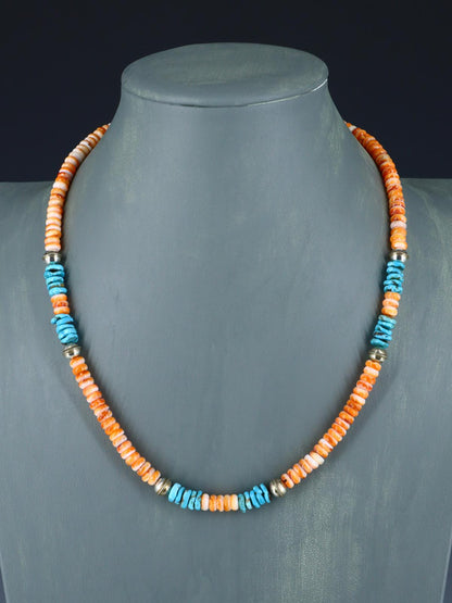 Native American Jewelry Single Strand Turquoise and Spiny Oyster Necklace - PuebloDirect.com