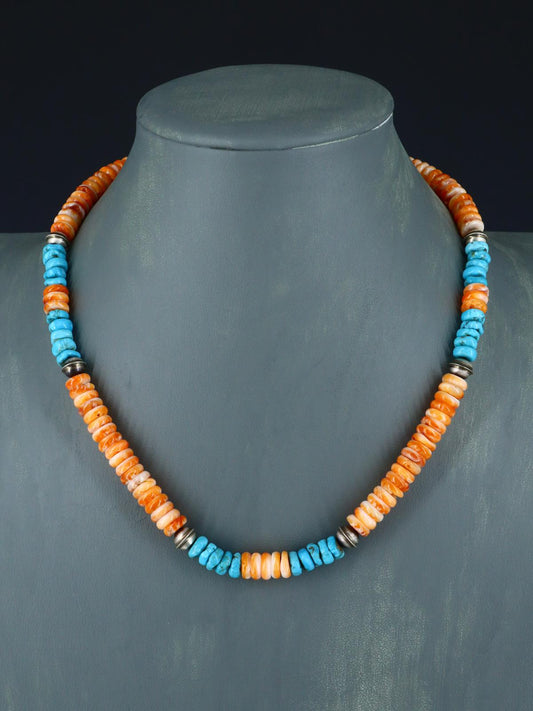 Native American Jewelry Single Strand Turquoise and Spiny Oyster Necklace - PuebloDirect.com