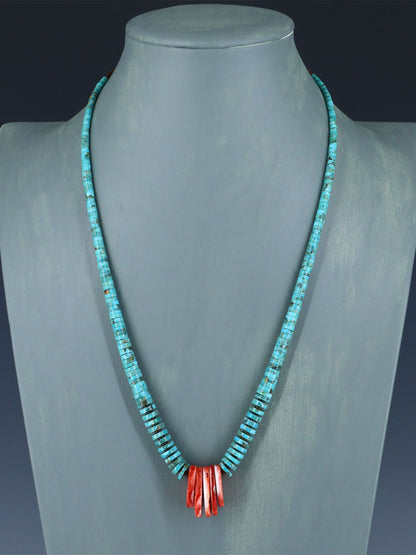 Native American Graduated Turquoise and Spiny Oyster Necklace - PuebloDirect.com