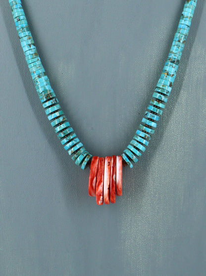 Native American Graduated Turquoise and Spiny Oyster Necklace - PuebloDirect.com
