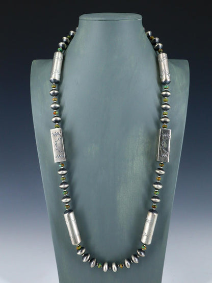 Native American Sterling Silver Navajo Turquoise and Bead Necklace Set - PuebloDirect.com