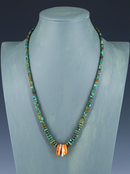 Native American Graduated Turquoise and Spiny Oyster Necklace - PuebloDirect.com