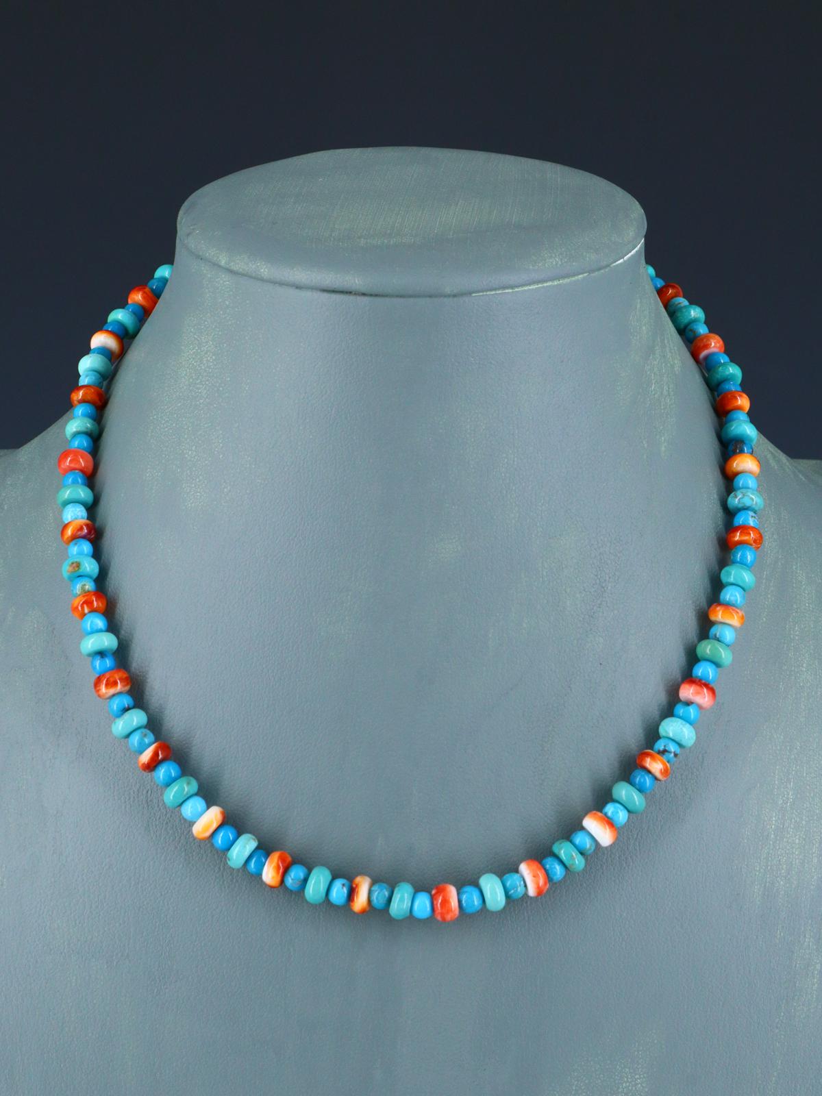 16" Navajo Single Strand Spiny Oyster and Turquoise Necklace - PuebloDirect.com