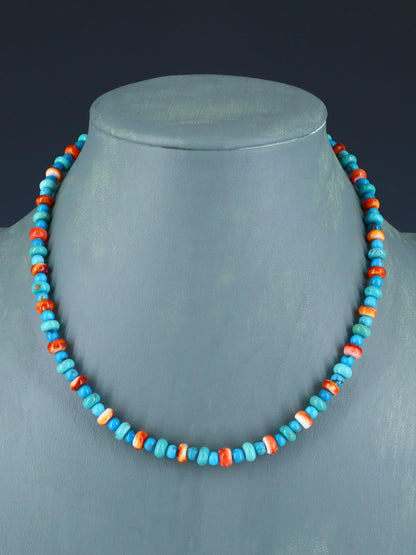 16" Navajo Single Strand Spiny Oyster and Turquoise Necklace - PuebloDirect.com