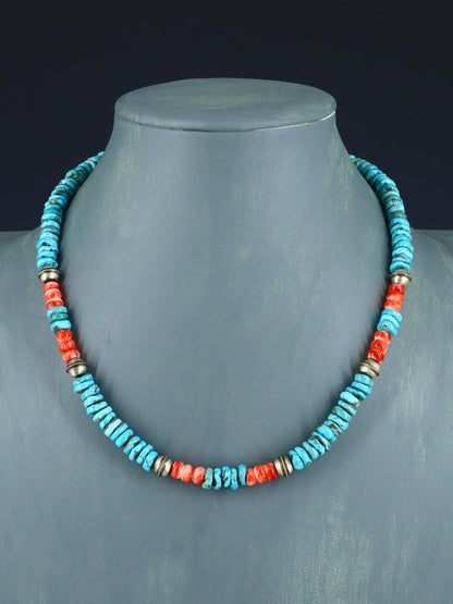 Native American Jewelry Single Strand Turquoise and Spiny Oyster Necklace