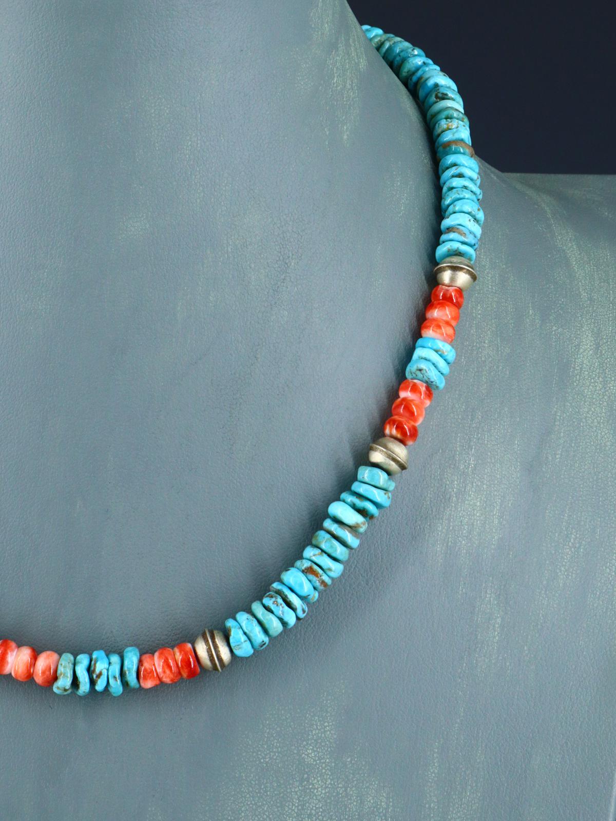 Native American Jewelry Single Strand Turquoise and Spiny Oyster Necklace