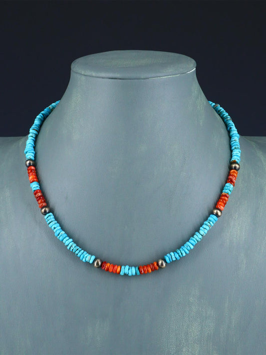 Native American Jewelry Single Strand Turquoise and Spiny Oyster Necklace