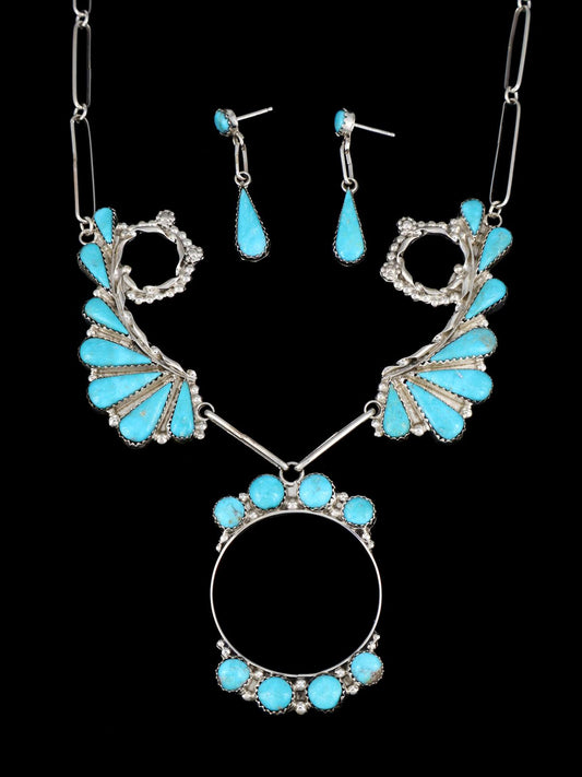 Turquoise Sterling Silver Zuni Inlay Necklace and Earrings Set