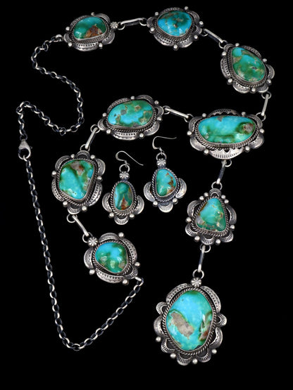 Navajo Sterling Silver Hardy Pit Kingman Turquoise Lariat Necklace Set - PuebloDirect.com