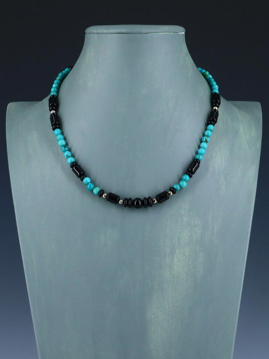 18" Native American Turquoise and Onyx Beaded Choker Necklace Set