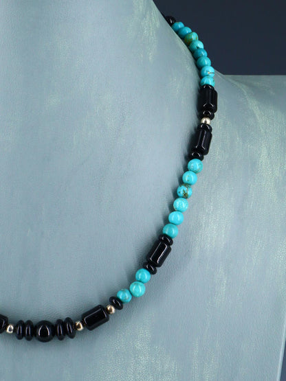18" Native American Turquoise and Onyx Beaded Choker Necklace Set