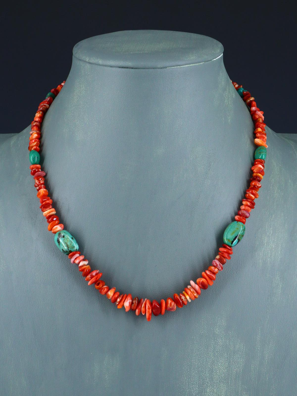 Native American Jewelry Single Strand Turquoise and Spiny Oyster Necklace