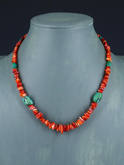 Native American Jewelry Single Strand Turquoise and Spiny Oyster Necklace