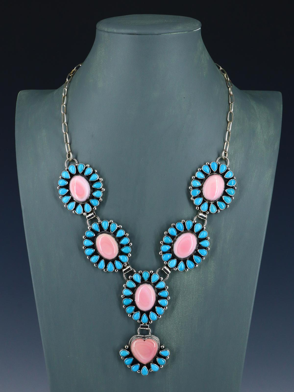 Navajo Jewelry Pink Conch Heart and Sleeping Beauty Turquoise Lariat Necklace