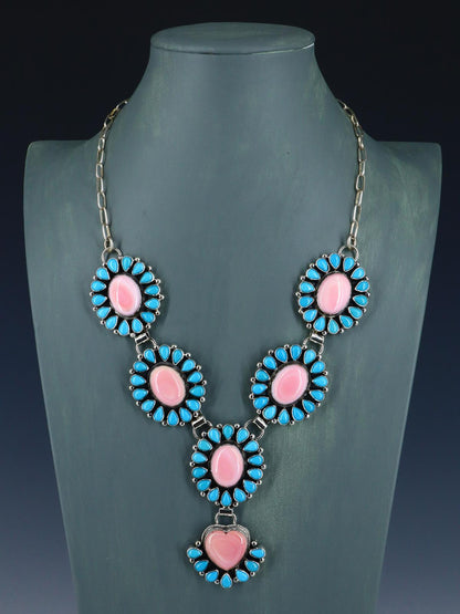 Navajo Jewelry Pink Conch Heart and Sleeping Beauty Turquoise Lariat Necklace