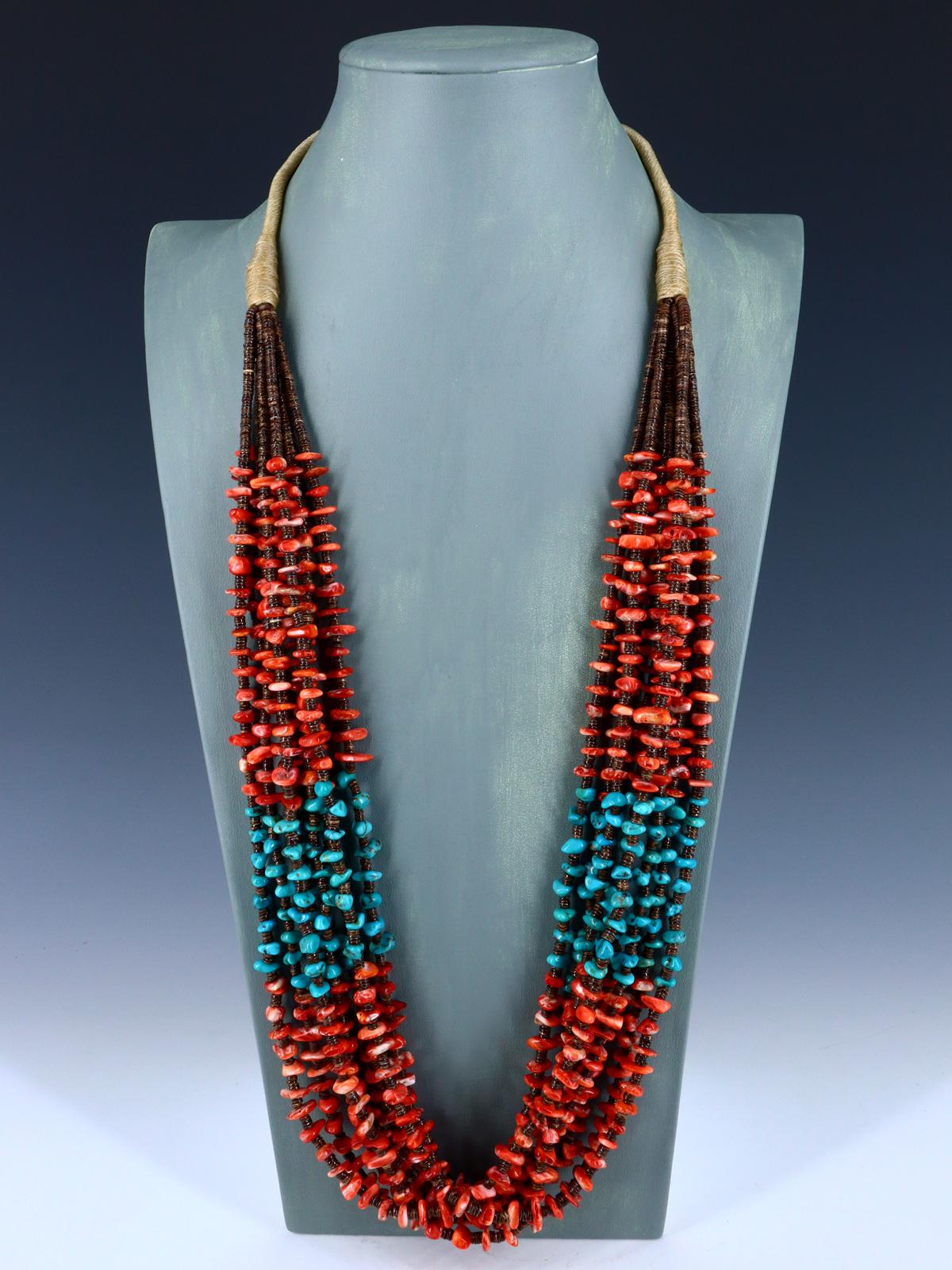 Native American Jewelry Turquoise and Spiny Oyster Eight Strand Necklace