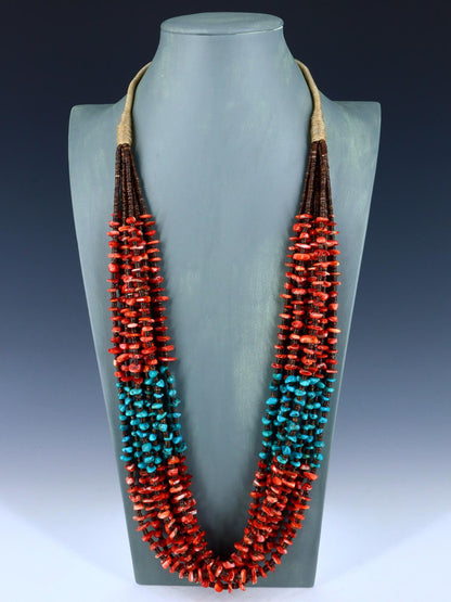 Native American Jewelry Turquoise and Spiny Oyster Eight Strand Necklace