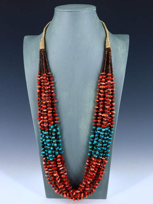 Native American Jewelry Turquoise and Spiny Oyster Eight Strand Necklace