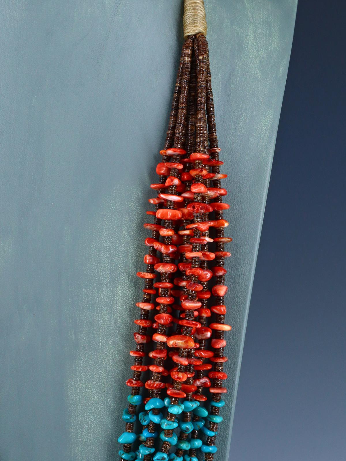 Native American Jewelry Turquoise and Spiny Oyster Eight Strand Necklace