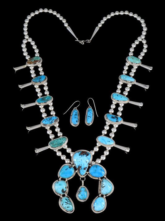 Native American Sterling Silver Royston Turquoise Squash Blossom Necklace Set