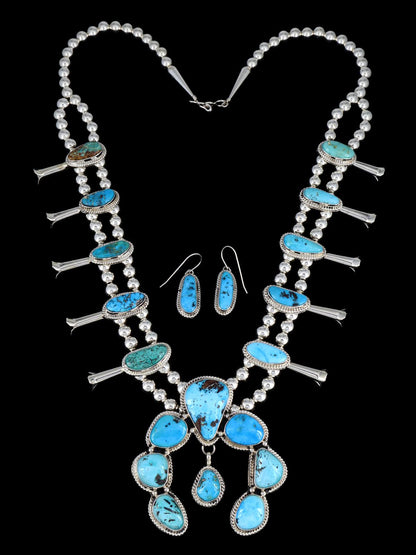 Native American Sterling Silver Royston Turquoise Squash Blossom Necklace Set